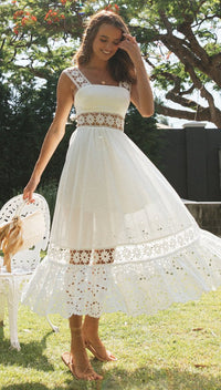 Women's White Square-Neck Floral Lace-Panel Midi Dress - KaleaBoutique.com