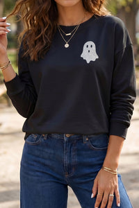 Black Glitter Ghost Halloween Long Sleeve Graphic Tee - KaleaBoutique.com