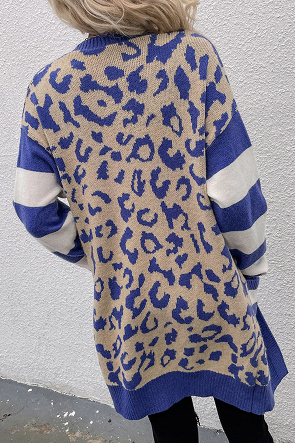 KaleaBoutique Stylish Stripe Sleeve Leopard Print Open Front Cardigan With Pockets - KaleaBoutique.com
