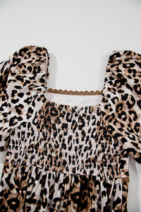 KaleaBoutique Stylish Leopard Print Bubble Sleeve Square Neck Maxi Dress - KaleaBoutique.com