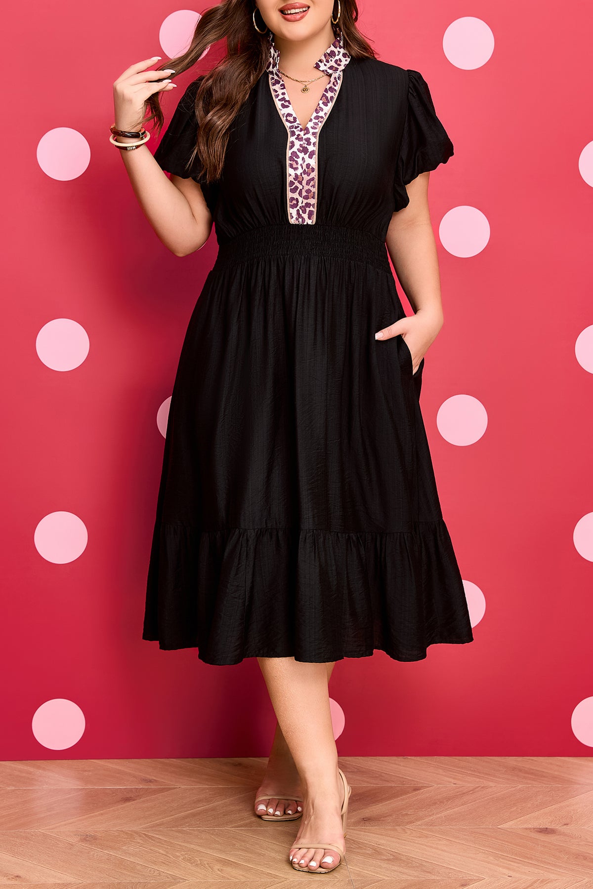 Black Leopard Plus Size V-Neck Smocked Waist Ruffle Dress - KaleaBoutique.com