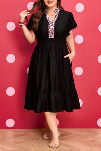 Black Leopard Plus Size V-Neck Smocked Waist Ruffle Dress - KaleaBoutique.com