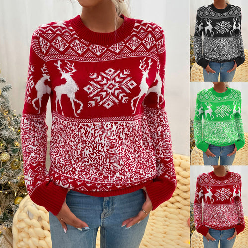 Women's Reindeer and Snowflake Round-Neck Christmas Sweater - KaleaBoutique.com