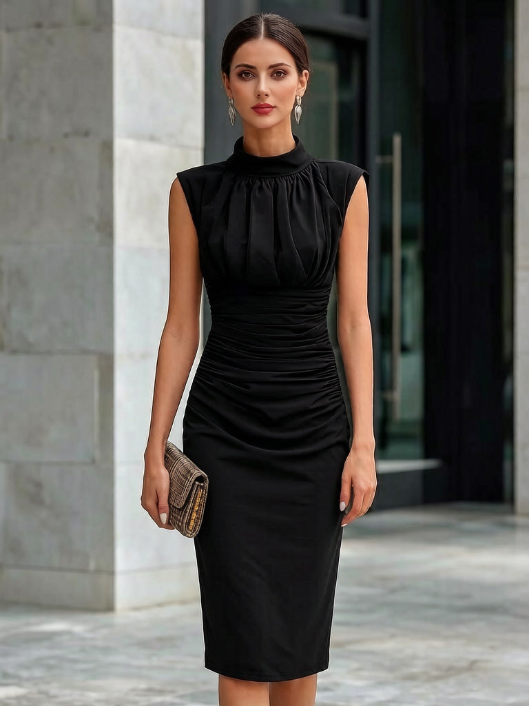 Women's High-Neck Sleeveless Ruched Sheath Dress - KaleaBoutique.com