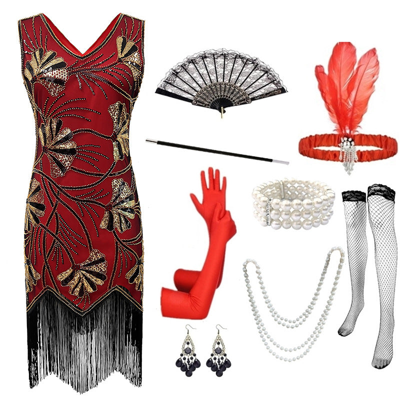 Women's Vintage V-Neck Sequin Tassel Evening Dress - KaleaBoutique.com