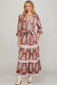 Floral Print Belted Striped Trim Tiered Maxi Dress - KaleaBoutique.com