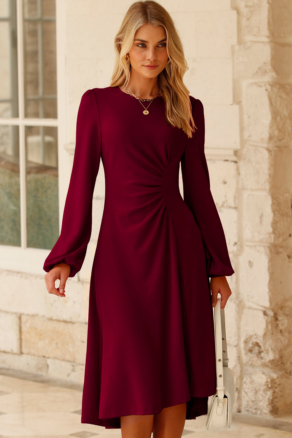 Solid Color Ruched Detail Long Sleeve Midi Dress - KaleaBoutique.com
