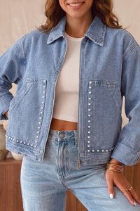 KaleaBoutique Stylish Studded Metal Zipper Rivet Pockets Long Sleeve Denim Jacket - KaleaBoutique.com