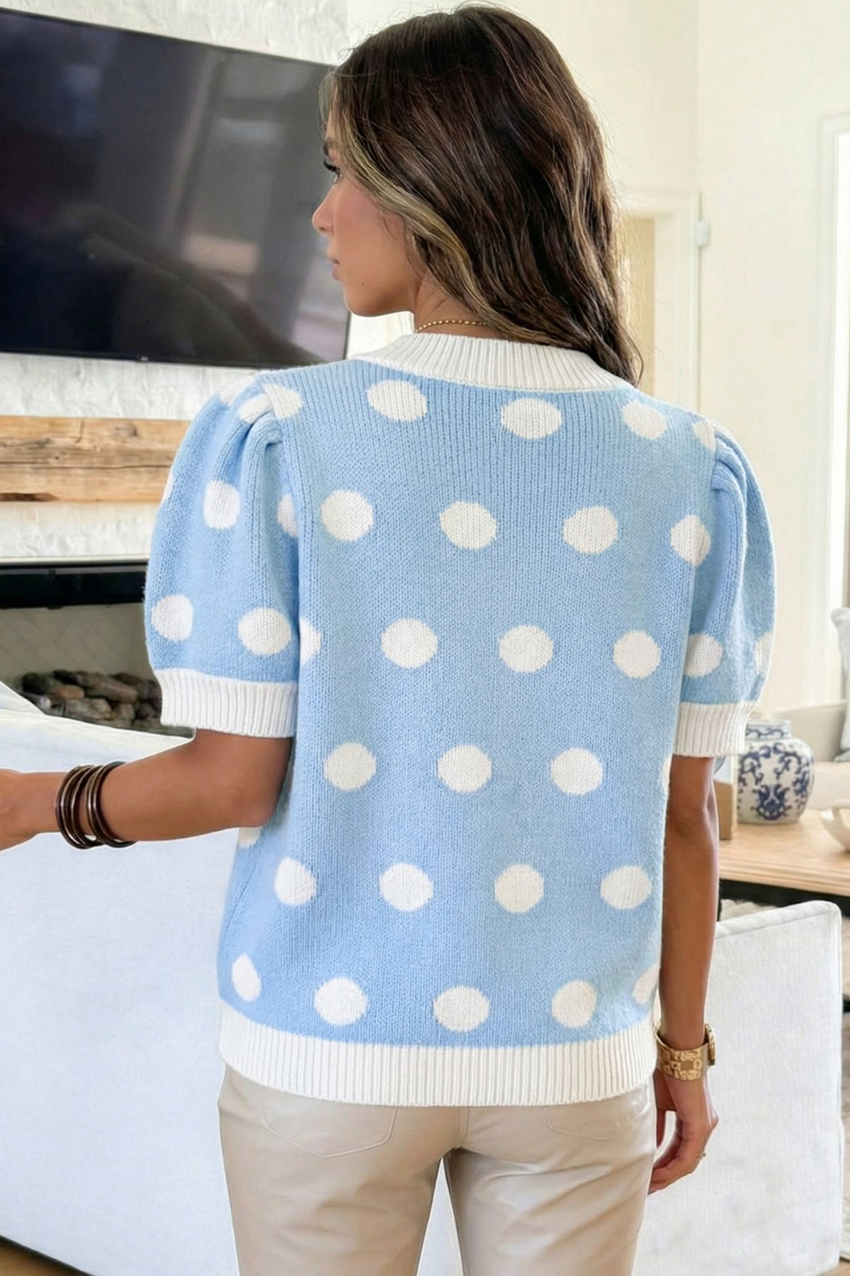 KaleaBoutique Comfortable Polka Dot Puff Short Sleeve Sweater Top - KaleaBoutique.com