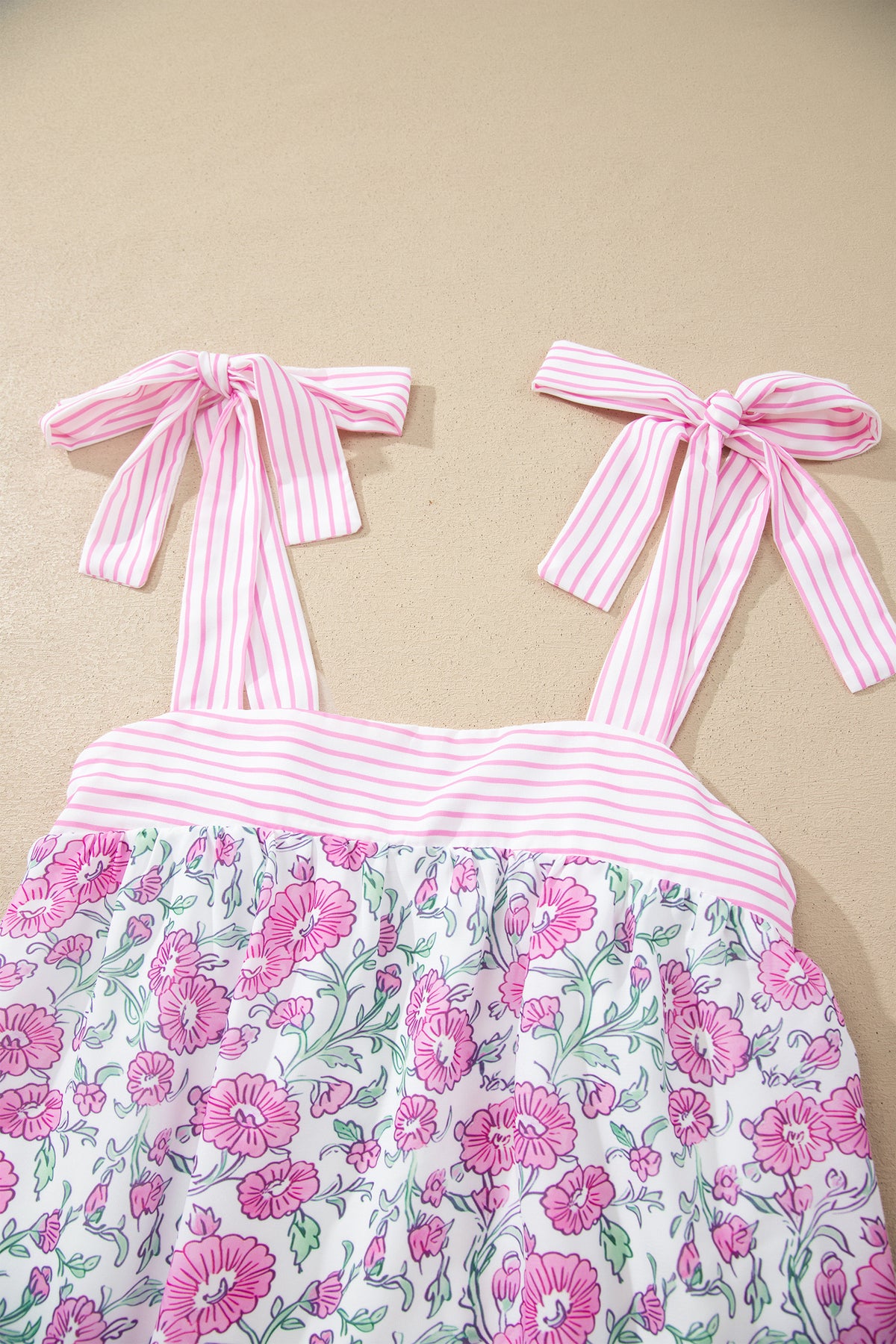 KaleaBoutique Stylish Floral Print Striped Patchwork Bow Knot Straps Mini Dress - KaleaBoutique.com