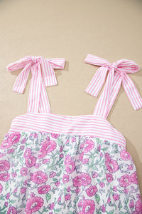KaleaBoutique Stylish Floral Print Striped Patchwork Bow Knot Straps Mini Dress - KaleaBoutique.com