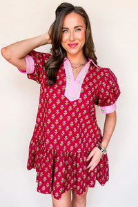 Floral Print Contrasted V Neck Short Bubble Sleeve Mini Dress - KaleaBoutique.com