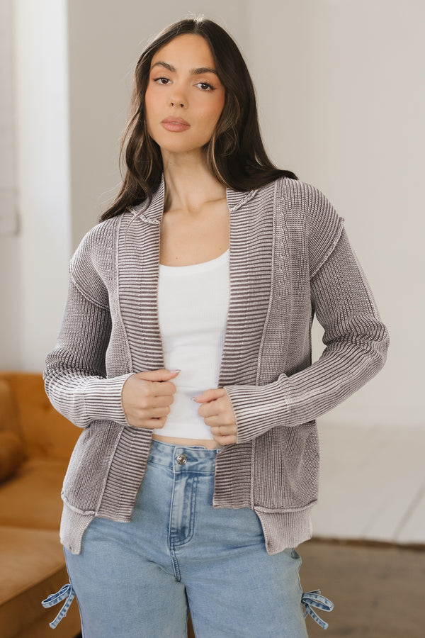 KaleaBoutique Stylish Mineral Wash Exposed Seam Patchwork Knit Open Sweater Cardigan - KaleaBoutique.com