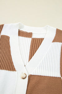 KaleaBoutique Stylish Checkered Pattern Ribbed Detail Button V Neck Sweater Cardigan - KaleaBoutique.com