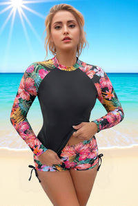 Women's Tropical Floral Long-Sleeve Swim Top With Back Zipper 2 PC Tankini Set - KaleaBoutique.com