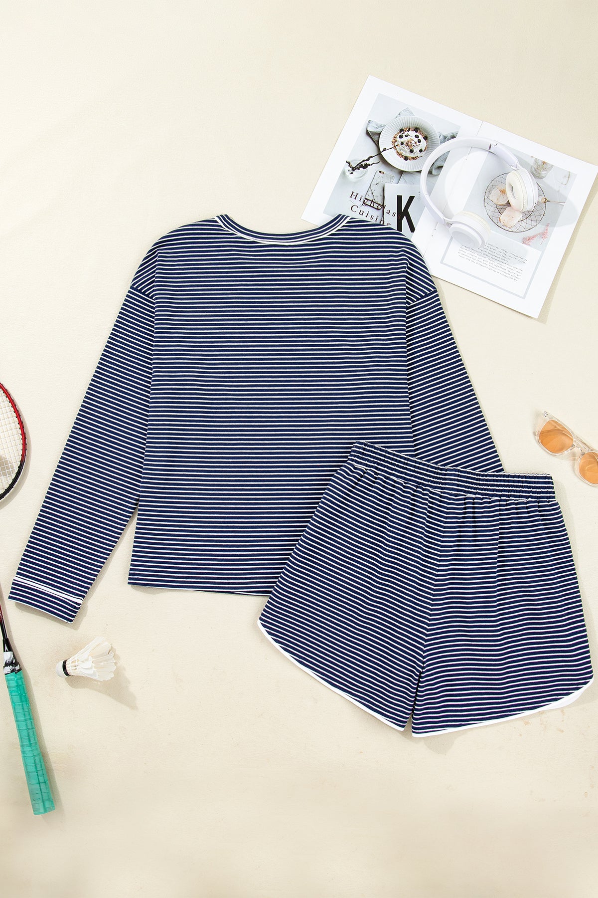 KaleaBoutique Stylish Blue Drop Shoulder Round Neck Long Sleeve Tee and Buttoned Shorts 2pcs Lounge Set - KaleaBoutique.com