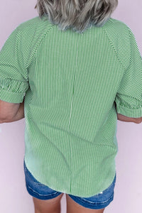 KaleaBoutique Stylish Striped Print Collared Split Neck Half Sleeve Blouse - KaleaBoutique.com
