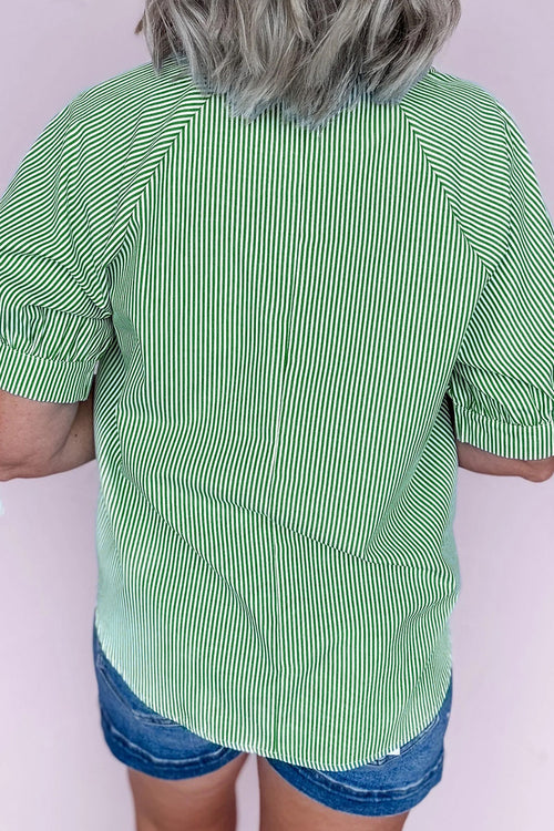 KaleaBoutique Stylish Striped Print Collared Split Neck Half Sleeve Blouse - KaleaBoutique.com