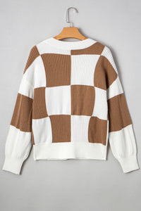 KaleaBoutique Stylish Checkered Pattern Ribbed Detail Button V Neck Sweater Cardigan - KaleaBoutique.com