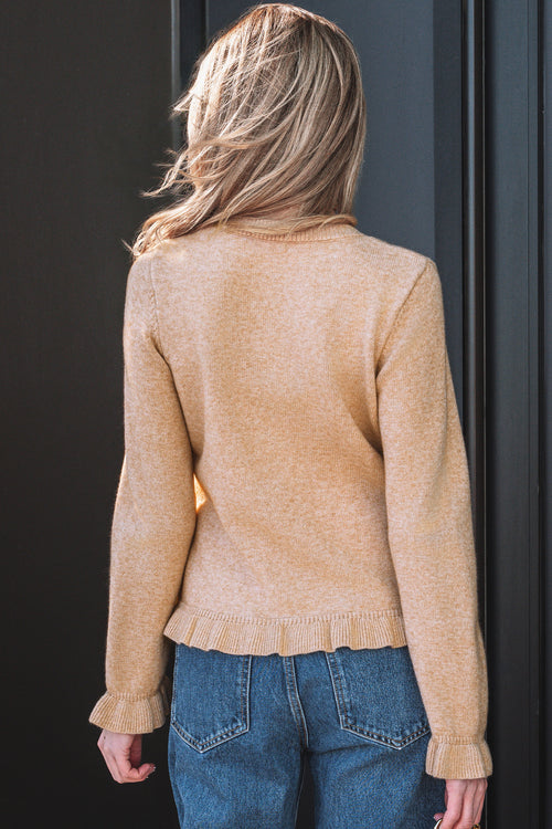 KaleaBoutique Comfortable Ruffle Trim Gold Button Sweater Cardigan - KaleaBoutique.com