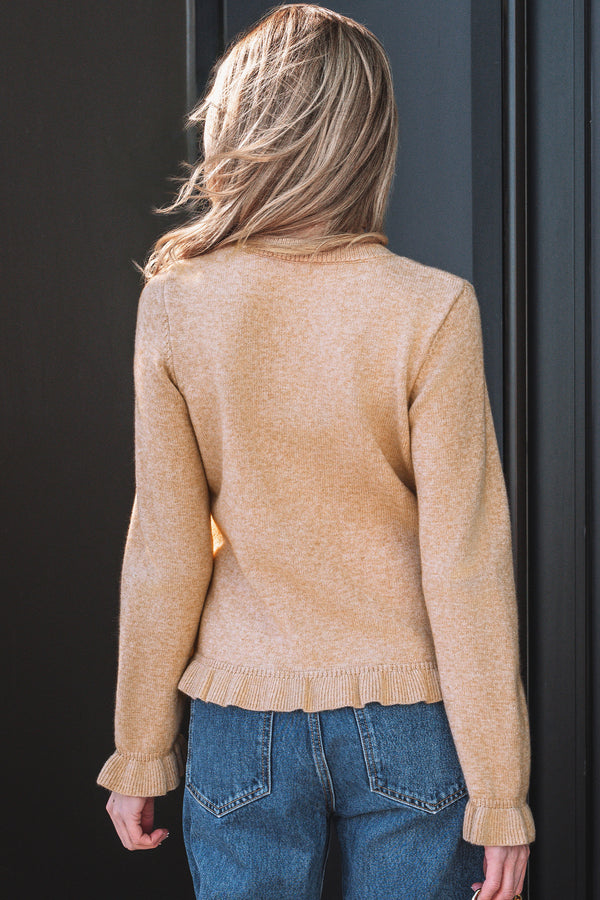 KaleaBoutique Comfortable Ruffle Trim Gold Button Sweater Cardigan - KaleaBoutique.com