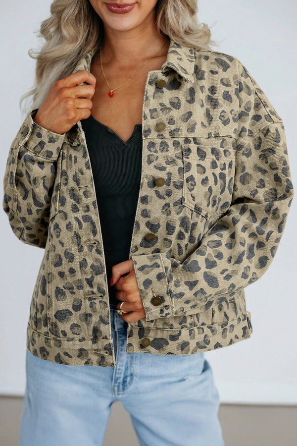 Retro Leopard Print Seam Detail Button Down Denim Jacket - KaleaBoutique.com