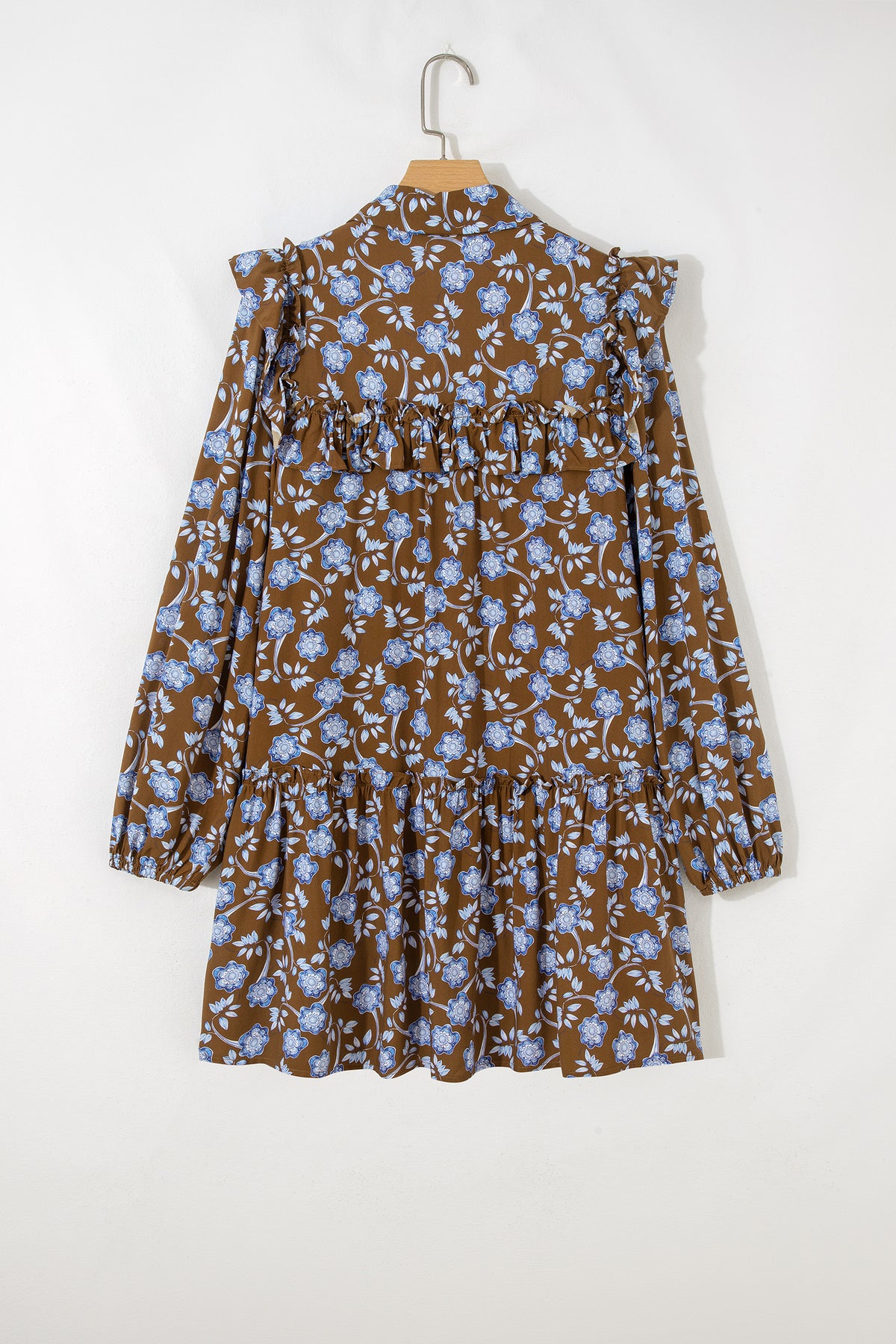 KaleaBoutique Comfortable Floral Print Ruffled Detail Shirt Collar Button Down Long Sleeve Dress - KaleaBoutique.com