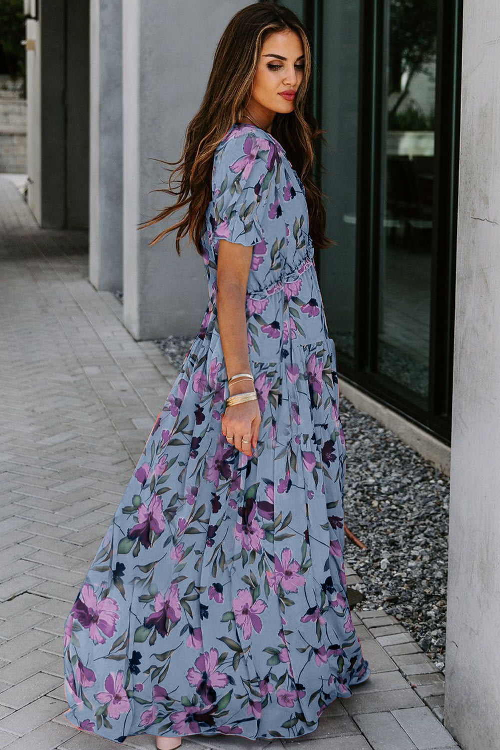 KaleaBoutique Stylish Fiery Floral Print Frilled V Neck Short Sleeve Maxi Dress - KaleaBoutique.com