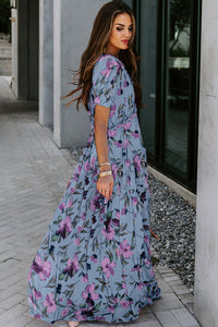 KaleaBoutique Stylish Fiery Floral Print Frilled V Neck Short Sleeve Maxi Dress - KaleaBoutique.com