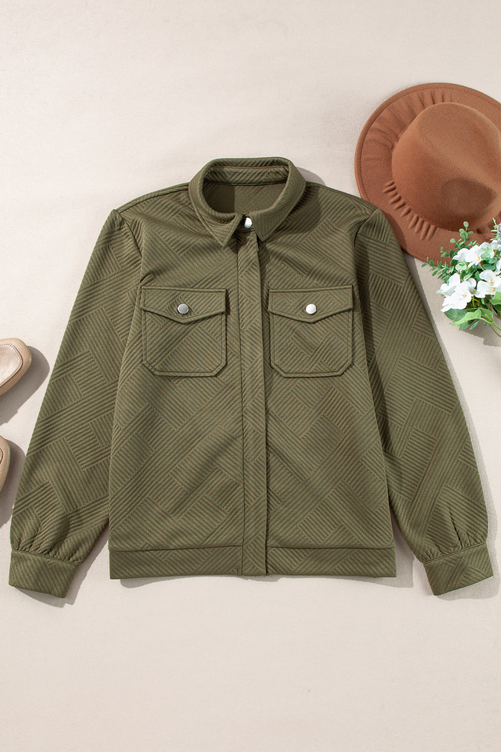 Solid Color Zip Up Button Flap Pocket Shirt Collar Jackets - KaleaBoutique.com