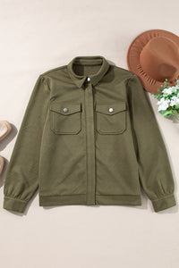 Solid Color Zip Up Button Flap Pocket Shirt Collar Jackets - KaleaBoutique.com