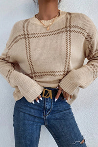 KaleaBoutique Plaid Pattern Knitted Drop Shoulder Sweater - KaleaBoutique.com