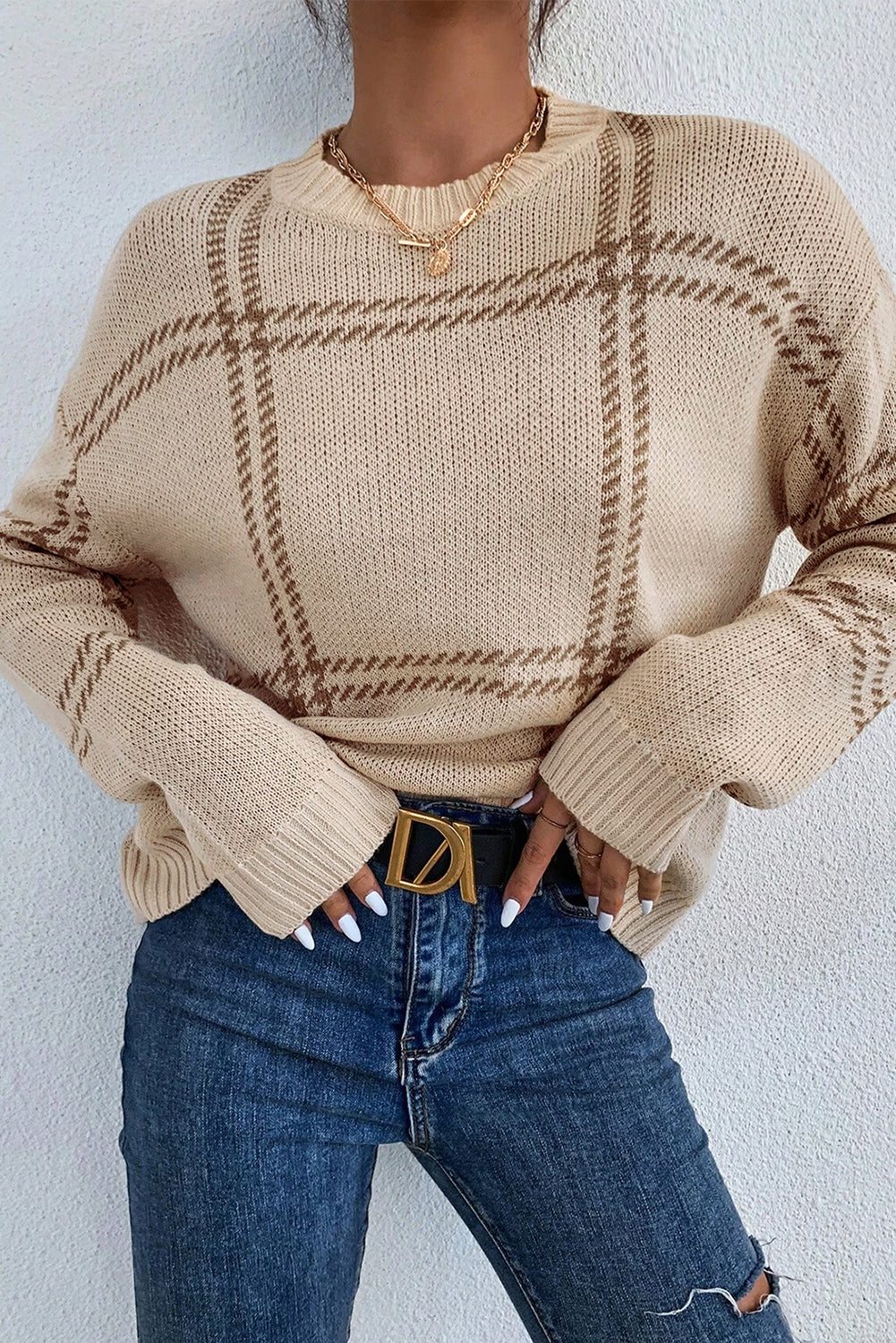 KaleaBoutique Plaid Pattern Knitted Drop Shoulder Sweater - KaleaBoutique.com