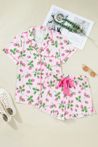 KaleaBoutique Stylish Striped Strawberry Print Lapel Shirt Drawstring Shorts 2pcs Pajama Set - KaleaBoutique.com