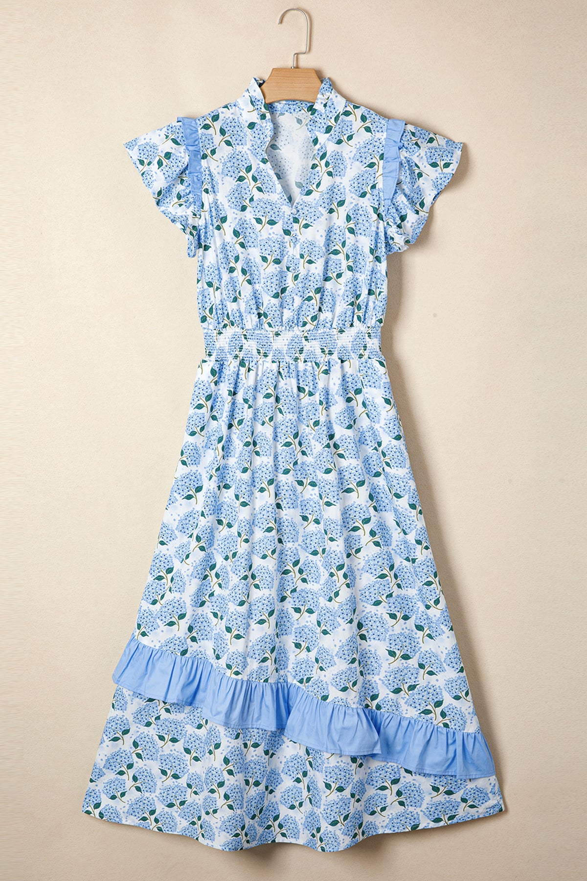 KaleaBoutique Comfortable Hydrangea Floral Print Ruffle Trim Flutter Sleeve Long Dress - KaleaBoutique.com