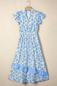 KaleaBoutique Comfortable Hydrangea Floral Print Ruffle Trim Flutter Sleeve Long Dress - KaleaBoutique.com