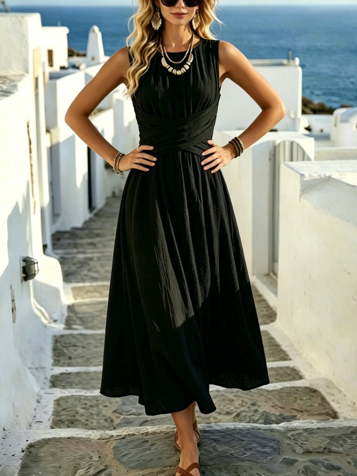 Women's Sleeveless Round-Neck Crossover-Waist Maxi Dress - KaleaBoutique.com