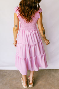Smocked Bodice Flutter Sleeve Fit Flare Tiered Midi Dress - KaleaBoutique.com
