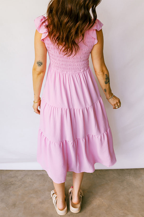 KaleaBoutique Stylish Smocked Bodice Flutter Sleeve Fit Flare Tiered Midi Dress - KaleaBoutique.com