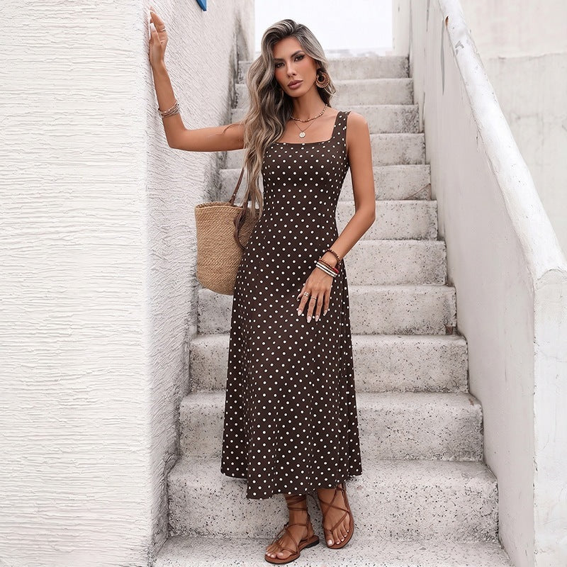 Women's Coffee Brown Polka-Dot Sleeveless Maxi Slip Dress - KaleaBoutique.com