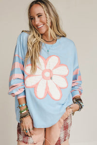 KaleaBoutique Stylish Big Flower Patch Drop Shoulder Striped Long Sleeve Top - KaleaBoutique.com