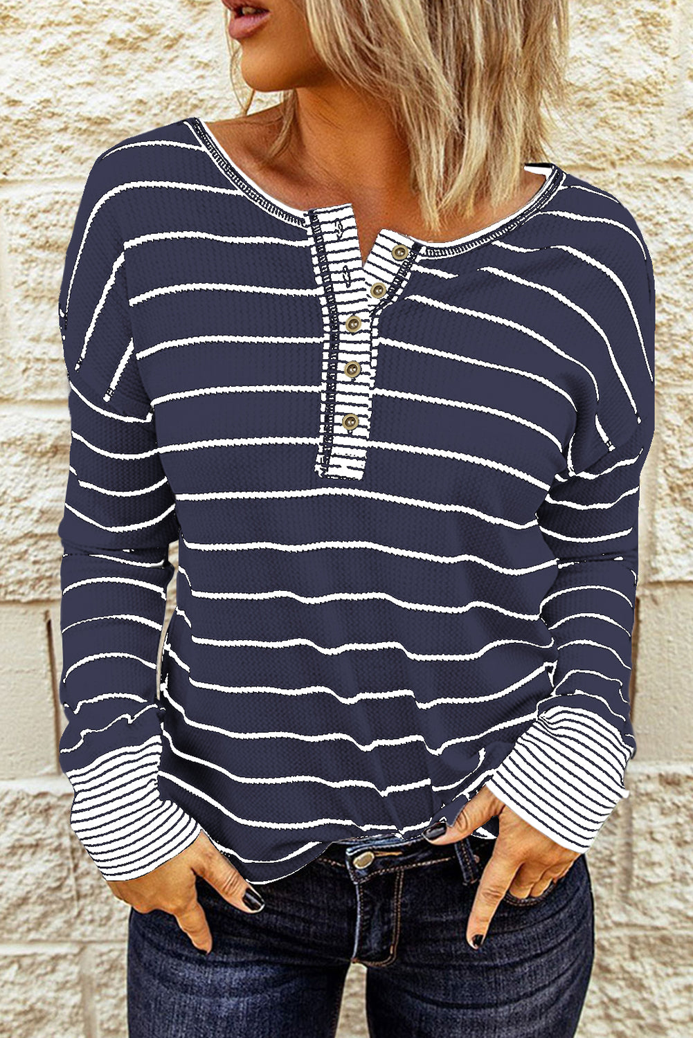 KaleaBoutique Stylish Striped Buttoned Henley Waffle Knit Top - KaleaBoutique.com