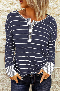 KaleaBoutique Stylish Striped Buttoned Henley Waffle Knit Top - KaleaBoutique.com