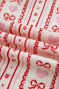 KaleaBoutique Stylish Sweet Floral Heart Bow Print Contrast Trim Long Sleeve Shirt Pajama Short Set - KaleaBoutique.com