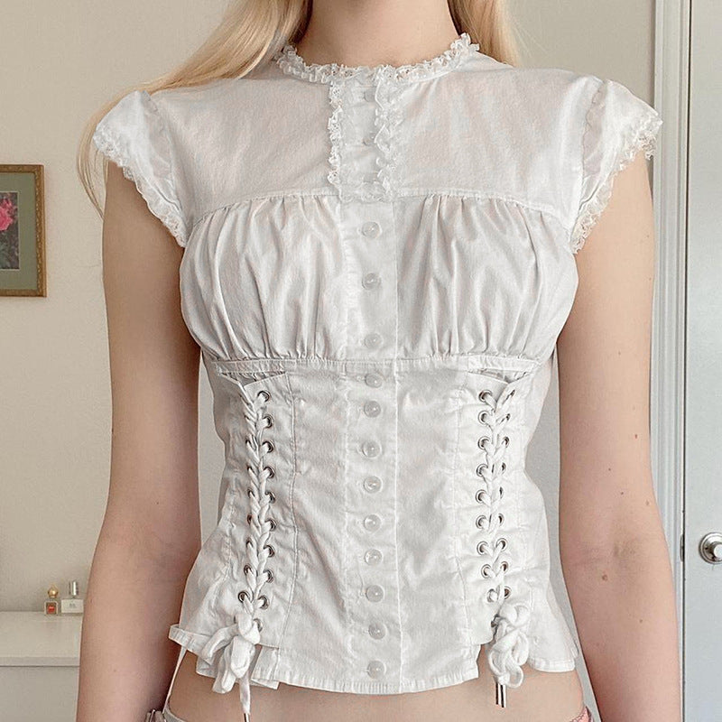 Lace Patchwork Round Neck Shirt For Women - KaleaBoutique.com