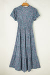 KaleaBoutique Printed V Neck Shirred Short Puff Sleeve Maxi Dress - KaleaBoutique.com