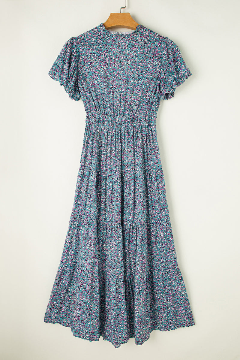 KaleaBoutique Printed V Neck Shirred Short Puff Sleeve Maxi Dress - KaleaBoutique.com