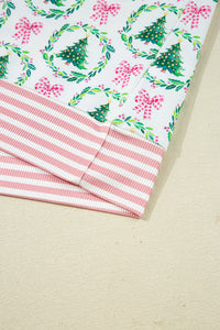 KaleaBoutique Comfortable Bow Christmas Tree Print Contrast Striped Banding 2pcs Lounge Set - KaleaBoutique.com
