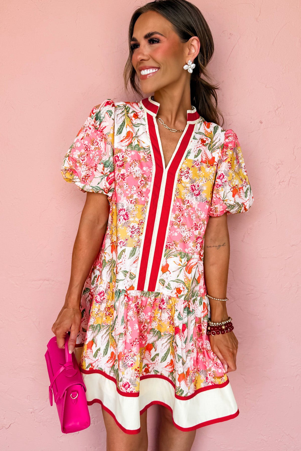KaleaBoutique Stylish Color Block Floral Print Contrast Trim V Neck Ruffle Hem Mini Dress - KaleaBoutique.com