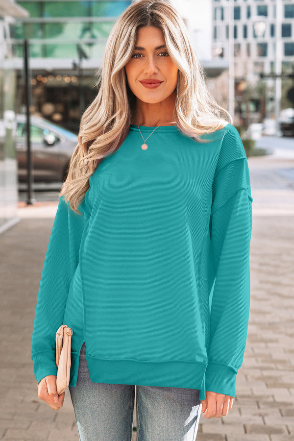 KaleaBoutique Stylish Horizontal Ribbed Exposed Seam Detail Drop Shoulder Baggy Pullover - KaleaBoutique.com